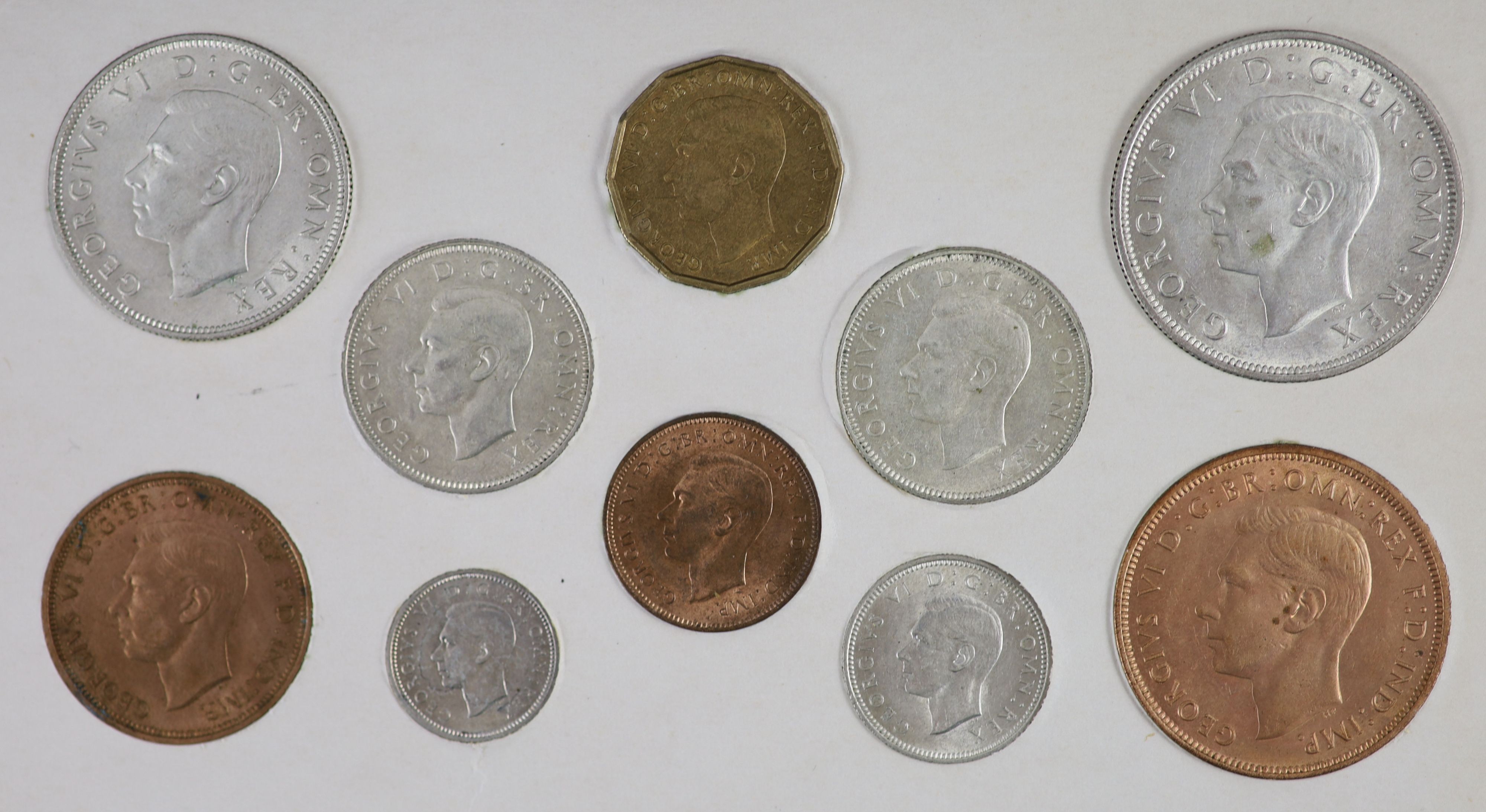 George VI specimen coin sets for 1938, 1939, 1940, 1941, 1942 and 1943, first coinage, the majority about EF or better